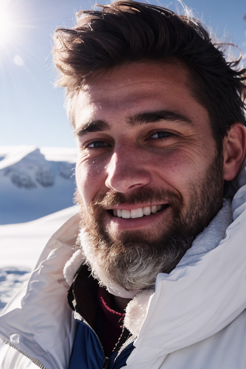 photo for an Instagram post,smiling polar explorer, bearded, snow,snowstorm,wind,snow desert on background, , chiaroscuro,...